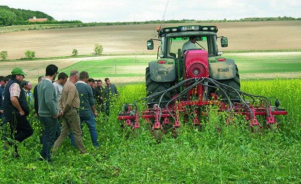 Sous l’œil des agriculteurs, les performances de chaque semoir sont évaluées : dose réellement semée, vitesse, profondeur de semis, nombre de grains en surface.