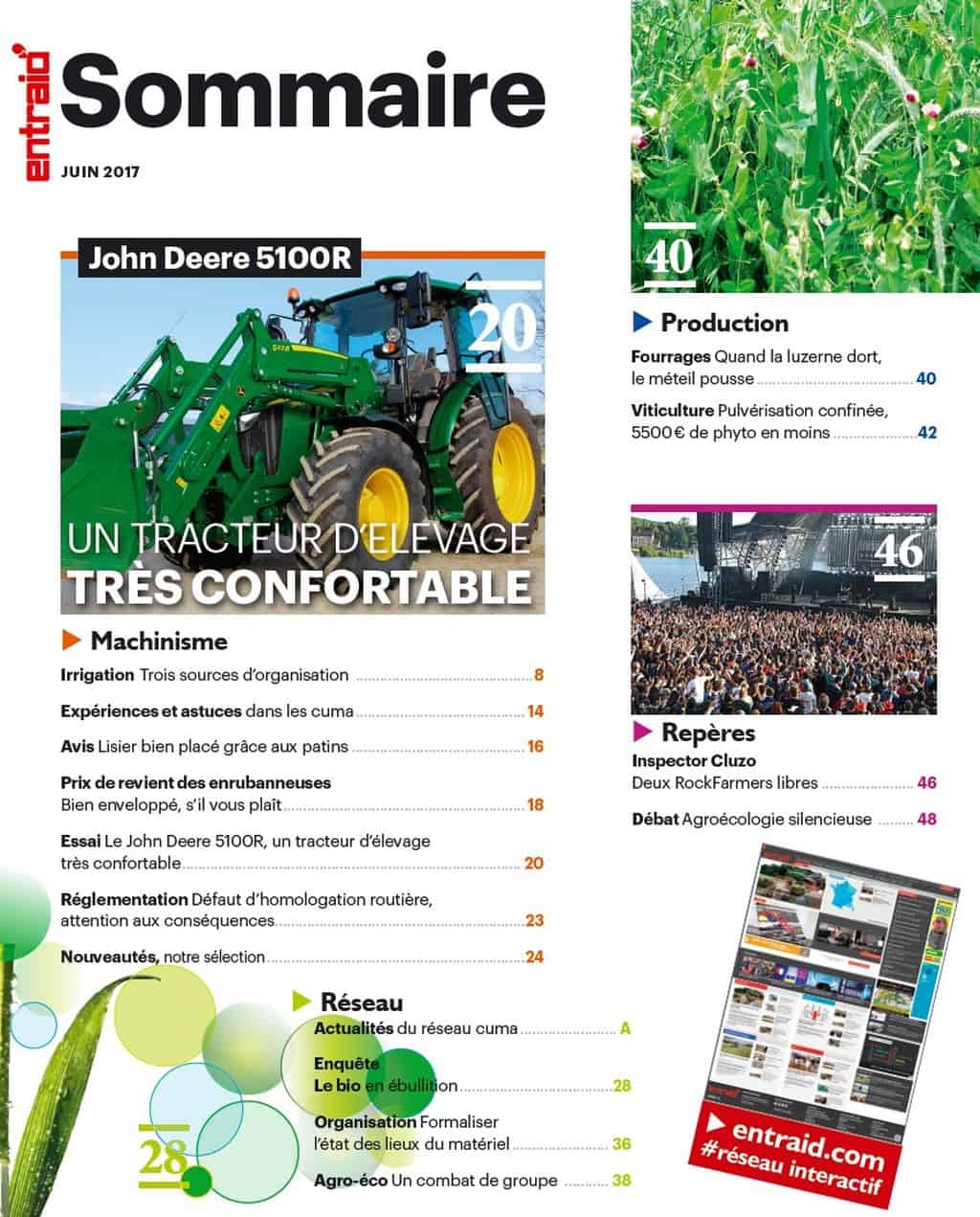 Sommaire-magazine-Entraid-juin-2017-machinisme-expériences-astuces-cuma-essai-John-Deere-réglementation