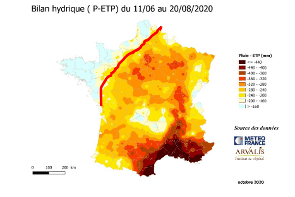 carte météo France et Arvalis du stress hydrique en 2020