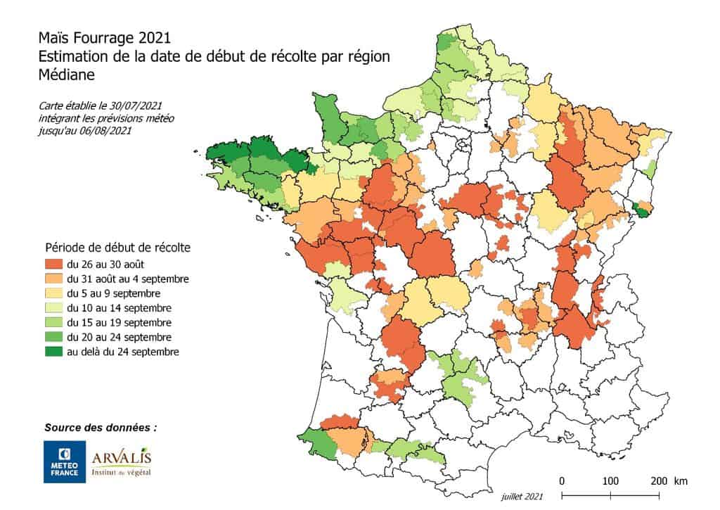 carte n°2 d'arvalis et météo france en 2021 démarrage des ensilages de maïs 2021