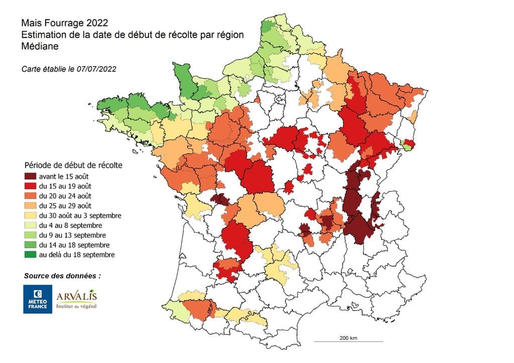 Carte de prévision n°1 pour l'ensilage 2022 - date ensilages maïs