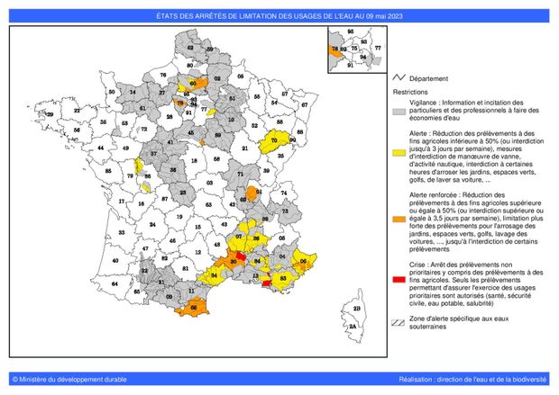 États des arrêtés préfectoraux concernant les restrictions d'eau en mai 2023