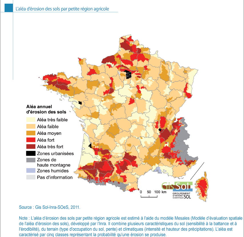 Carte de l'érosion des sols par petite région agricole.Source GIS Sol.