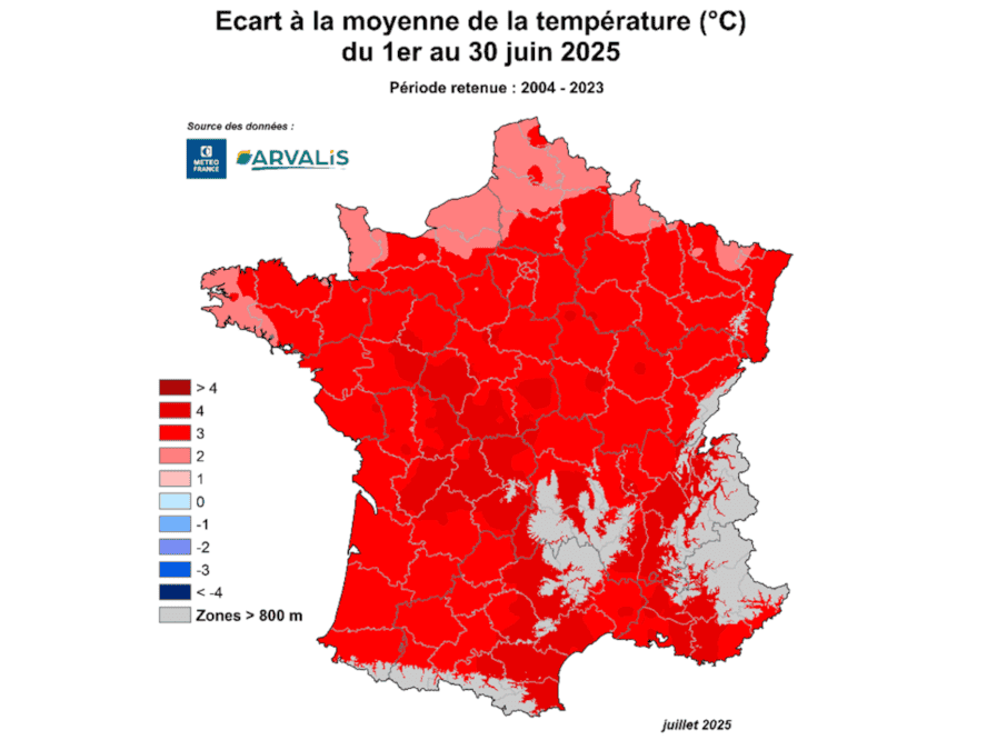 Carte des relevés de température moyenne en juin - floraison des maïs fourragers 2025